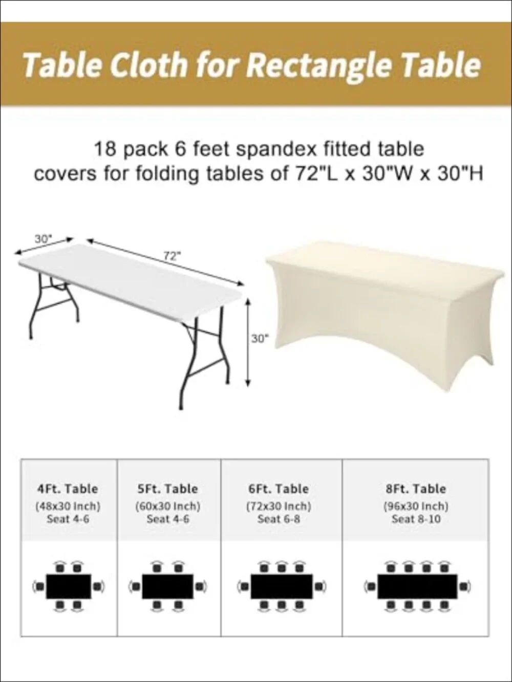 3 Pack 6FT Spandex Fitted Tablecloth Rectangle Table Cover Stretch